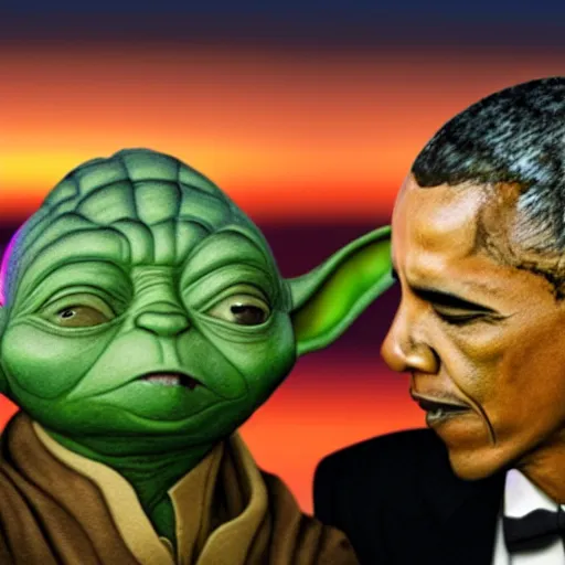 Prompt: obama and yoda kissing with tongue at sunrise