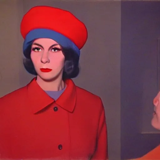 Prompt: still from a masterpiece 1 9 6 0 s color art film, very beautiful and elegant girl with large eyebrows and a beret with a disgusted expression while talking to a man, moody lighting, viewed from afar, cinematic shot, they're dressed like communists, red palette