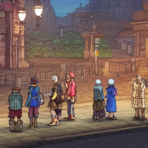 Prompt: a some people waiting in a lone bus stop in quiet dark city night in Dragon Quest XI, detailed