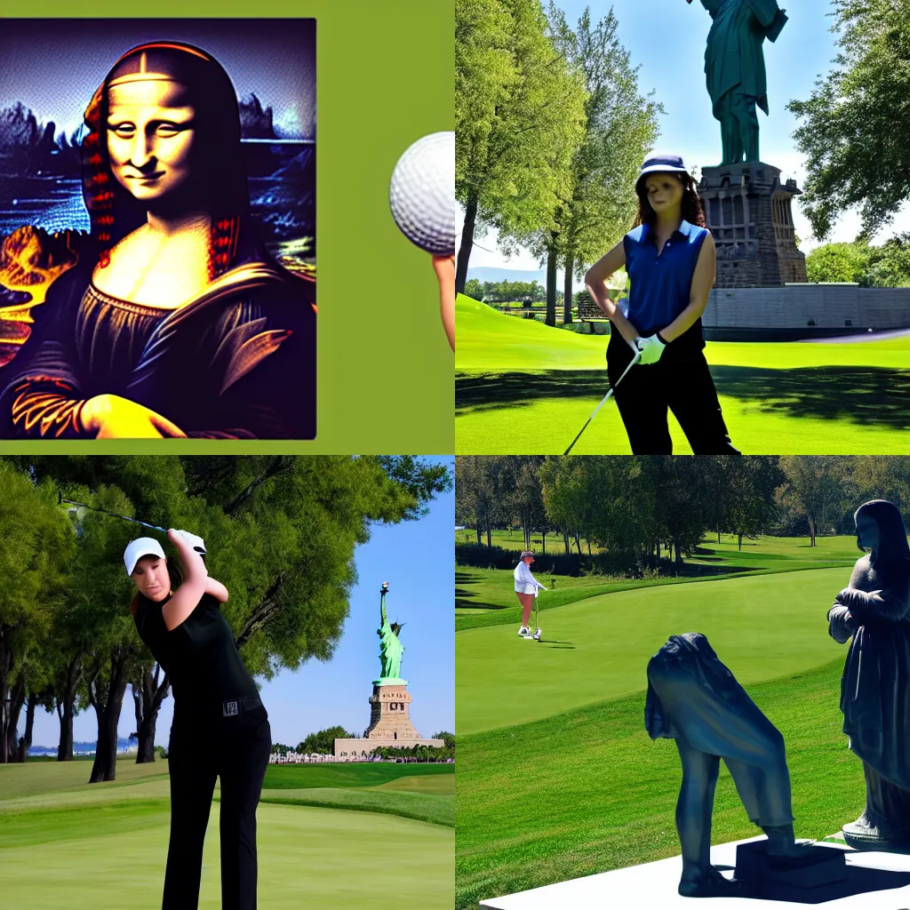 Prompt: Mona Lisa is playing golf next to statue of liberty 4K 8K