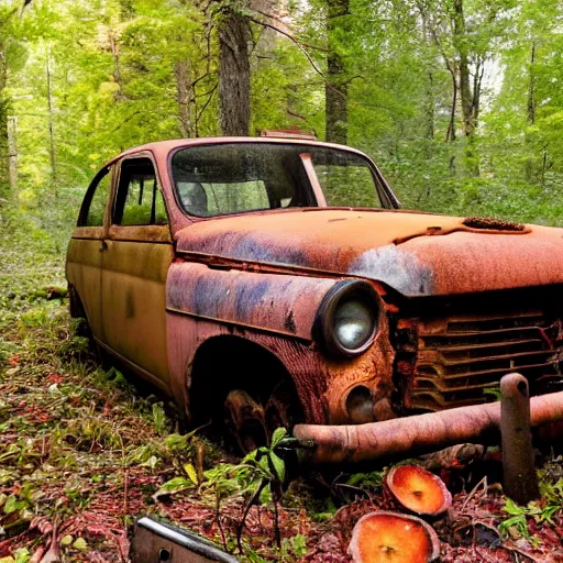 Image similar to a rusted old abandoned car in an eerie forest, sunlight seeping in through the trees, red mushrooms sprouting from the ground all around the car, a campfire to the side of the car, still smoldering