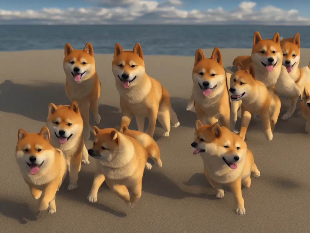 Image similar to a family of shiba inu dogs at the beach, photorealistic, insane engine, high definition, 3d render, trending on artstation,