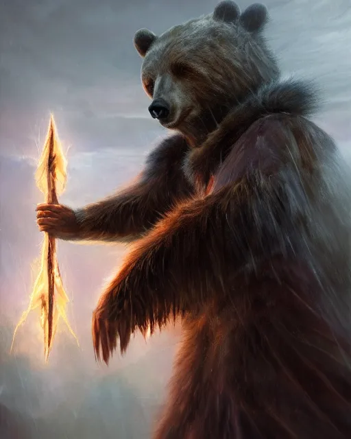 Image similar to oil painting of Anthropomorphized Bear Shaman casting spell, magical runes flying, wearing fur cloak, sharp focus, lightning storm background, magical aura, evil, heroic pose, fantasy style, octane render, volumetric lighting, 8k high definition, by greg rutkowski, highly detailed, trending on art Station, magic the gathering artwork, Thunderstorm background, centered, dramatic artwork