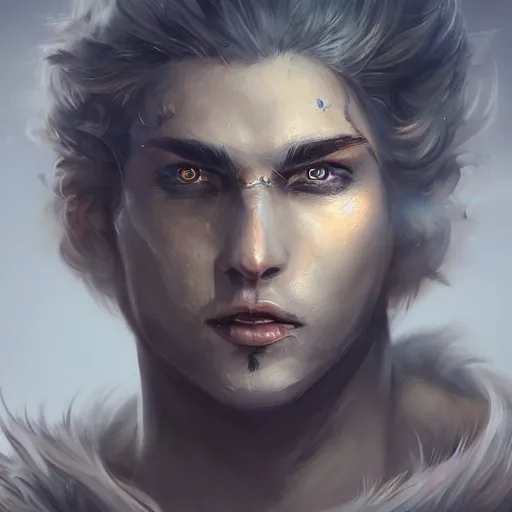 Image similar to a stunning portrait of a noble and fierce male human fantasy warrior, with glowing eyes, smoke out of eyes, intricate, highly detailed, digital painting, artstation, concept art, smooth, sharp focus, atmospheric, cinematic