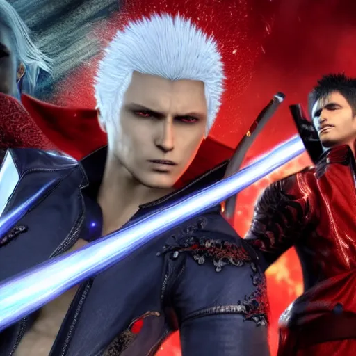 Prompt: vergil and dante fighting each other, devil may cry,