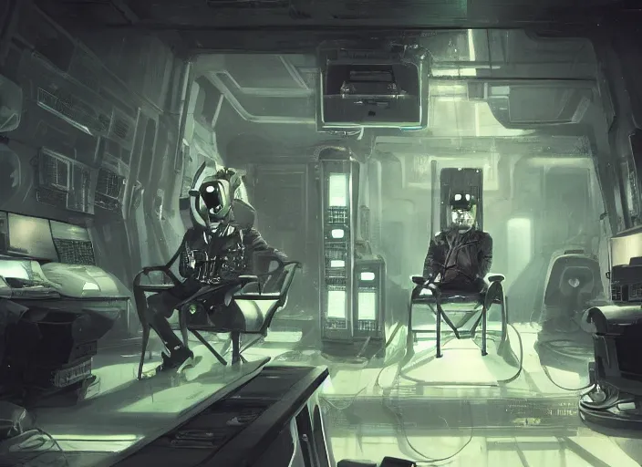 Image similar to a man sitting on a chair with things attached to his head, screens and monitors in front of him playing videos, ship interior, narrow hallway, scifi, dramatic lighting, dark, spotlight, concept art, surreal, by rutkowski