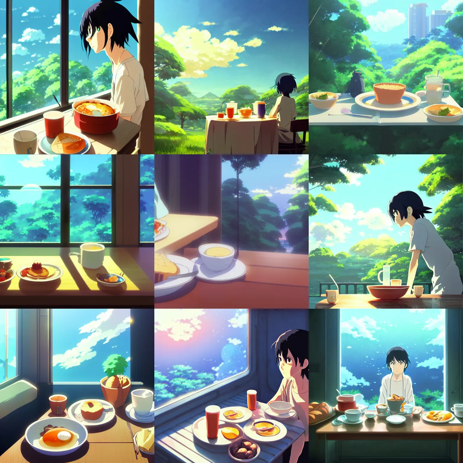 Prompt: breakfast, digital art, illustrations, by makoto shinkai and studio ghibli