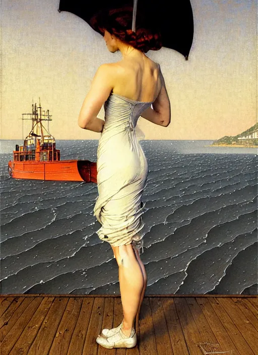 Prompt: a fancy beautiful young lady standing on a wharf at the edge of the sea by rob gonsalves and brom and gil elvgren and george petty and jean delville and william blake and norman rockwell, crisp details, hyperrealism, high detail, high contrast, low light, grey mist, cobblestones, dim lantern