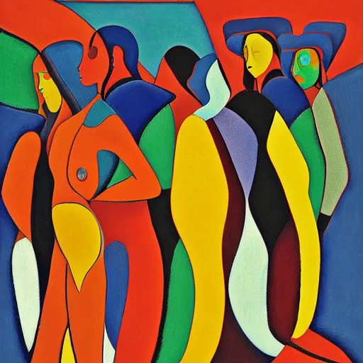 Prompt: soft, curvaceous by mati klarwein, by marsden hartley, by tatsuro kiuchi. a beautiful experimental art of a group of people standing in a line. they are all facing the same direction & appear to be waiting for something.