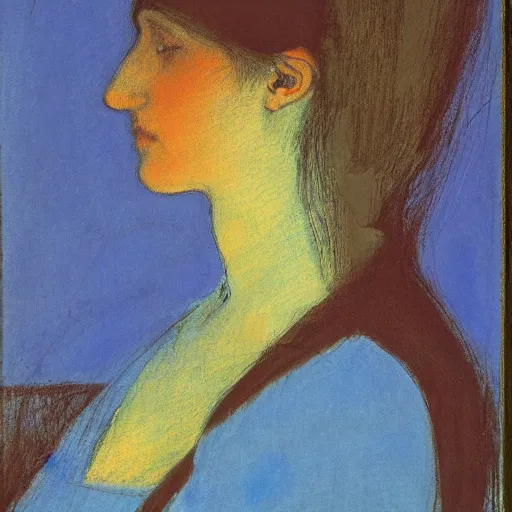 Prompt: A beautiful land art of a person in profile, with their features appearing both in front of and behind their head. dark orange, neon blue by Mary Cassatt angular