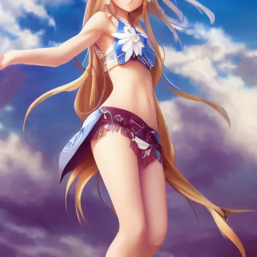 Image similar to a very beautiful young yuuki asuna, full body, long wavy blond hair, sky blue eyes, full round face,, bikini, miniskirt, front view, mid - shot, highly detailed, cinematic wallpaper by stanley artgerm lau