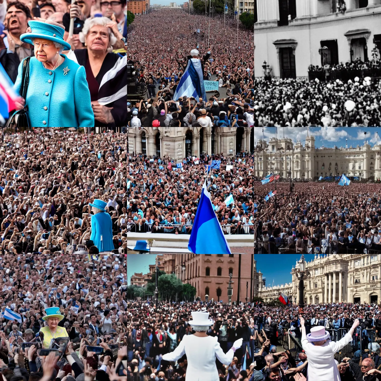 Prompt: Queen Elizabeth at a protests in Argentina, crowd waving Argentine flags, the Queen is looking to the sky, 50mm, crowd out of focus, in front of the Casa Rosada