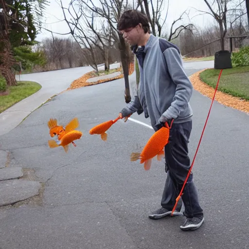 Image similar to a man taking his goldfish for a walk.