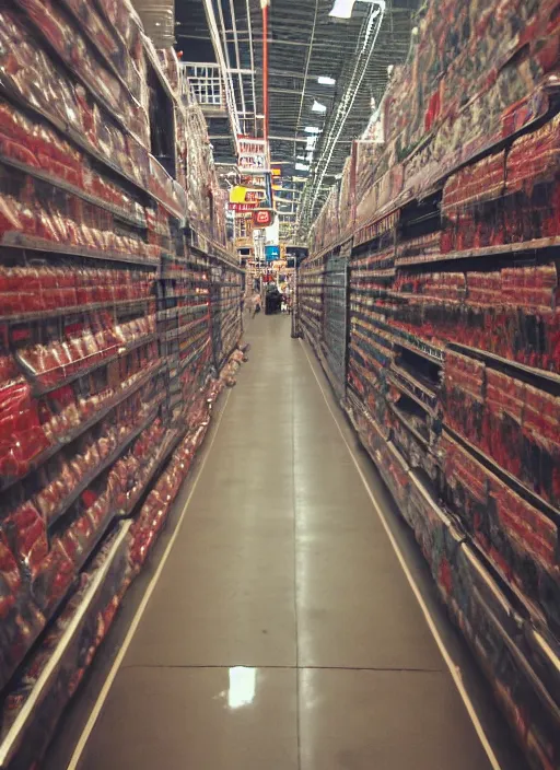 Image similar to first person view. lost in a costco maze. blurry polaroid