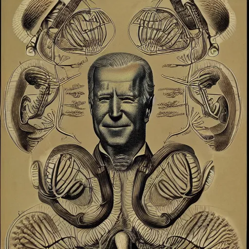 Prompt: Medical diagram of Joe Biden by Ernst Haeckel, highly detailed, scientific illustration