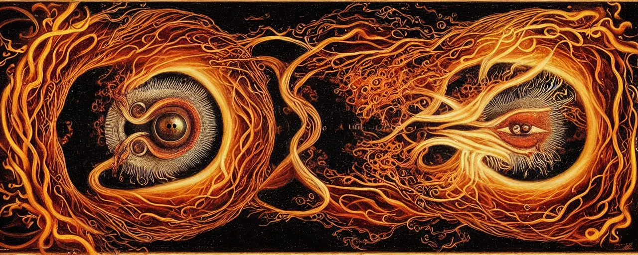 Image similar to a strange fire creature with endearing eyes radiates a unique canto'as above so below'while being ignited by the spirit of haeckel and robert fludd, breakthrough is iminent, glory be to the magic within, in honor of saturn, painted by ronny khalil