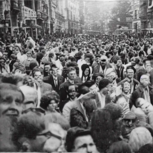 Image similar to a vintage photo of a man with lizard eyes in a crowd of people, old photo, sepia, real photo