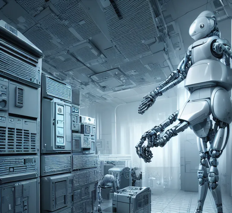 Prompt: hyperrealism stock photography of highly detailed stylish robot in sci - fi style by gragory crewdson and katsuhiro otomo, mike winkelmann with many details by josan gonzalez working at the highly detailed data center by mike winkelmann and laurie greasley hyperrealism stock photo on dsmc 3 system rendered in blender and octane render