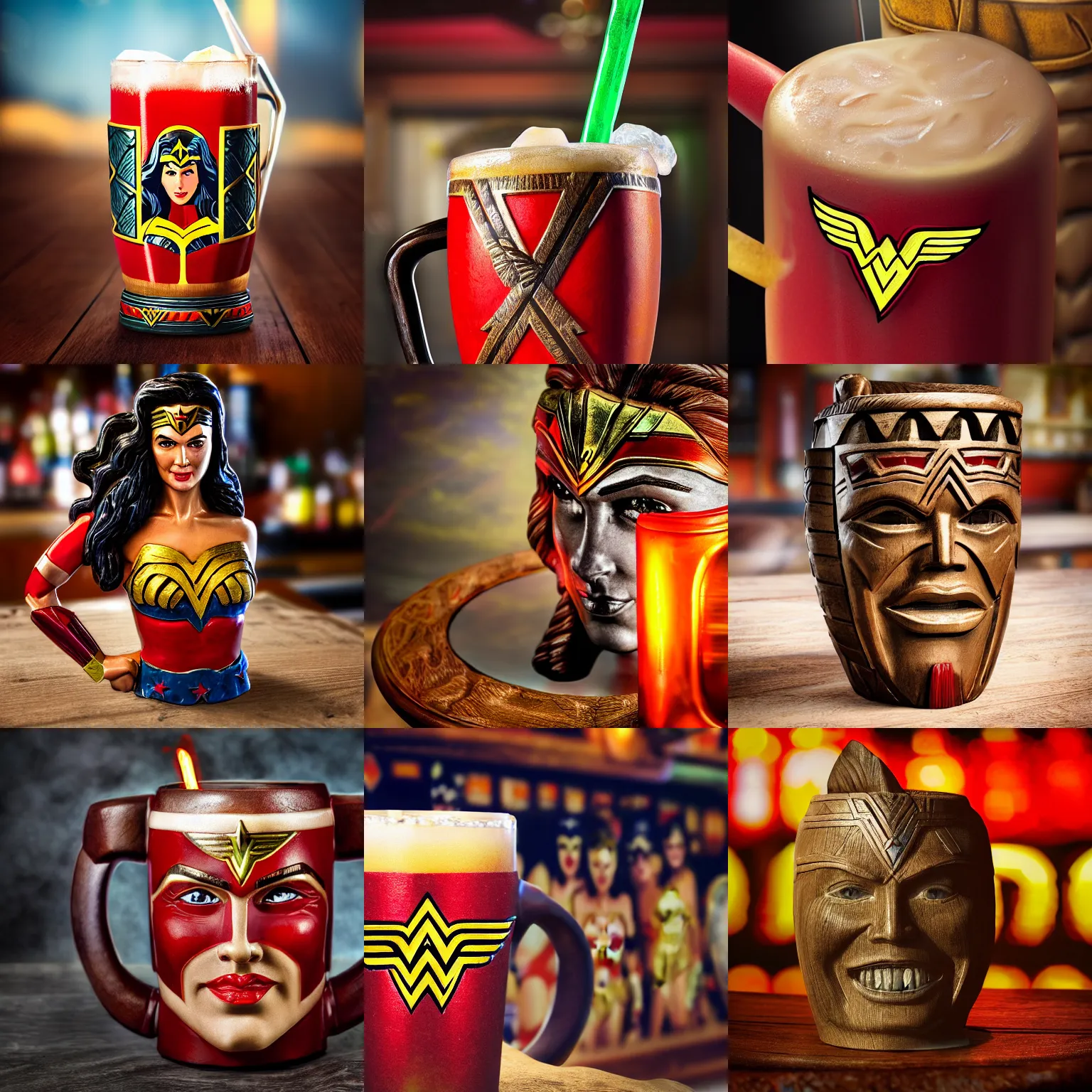 Prompt: a closeup photorealistic photograph of a wonder woman style tiki mug placed on a trader vic's bar featuring wonder woman's face. tiki theme. bright scene. fine detail. this 4 k hd image is trending on artstation, featured on behance, well - rendered, extra crisp, features intricate detail, epic composition and the style of unreal engine.