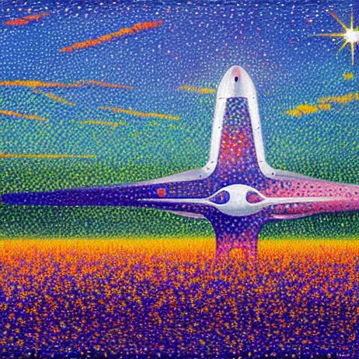 Image similar to spacex starship rocket landing in a field of flowers at sunset, pointillism painting