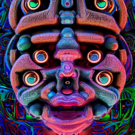 Prompt: symmetrical close up roboter face with eyes and mouth, black background, shaman, colorful, psychedelic trip, patterns, fine mandelbrot fractal lace, 1 5 0 mm, soft rim light, elegant, hyper real, depth of field, sharp focus, ultra detailed, octane render, giger beksinski, 1 6 k