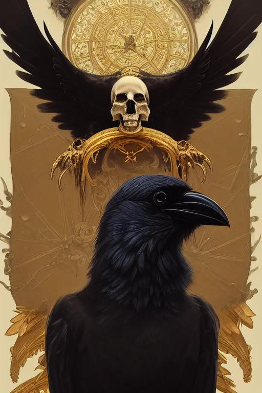 Prompt: painting of a crow sitting on a satanic skull, decorated, intricate, elegant, highly detailed, digital painting, artstation, concept art, smooth, sharp focus, illustration, art by artgerm and greg rutkowski and alphonse mucha, 8 k