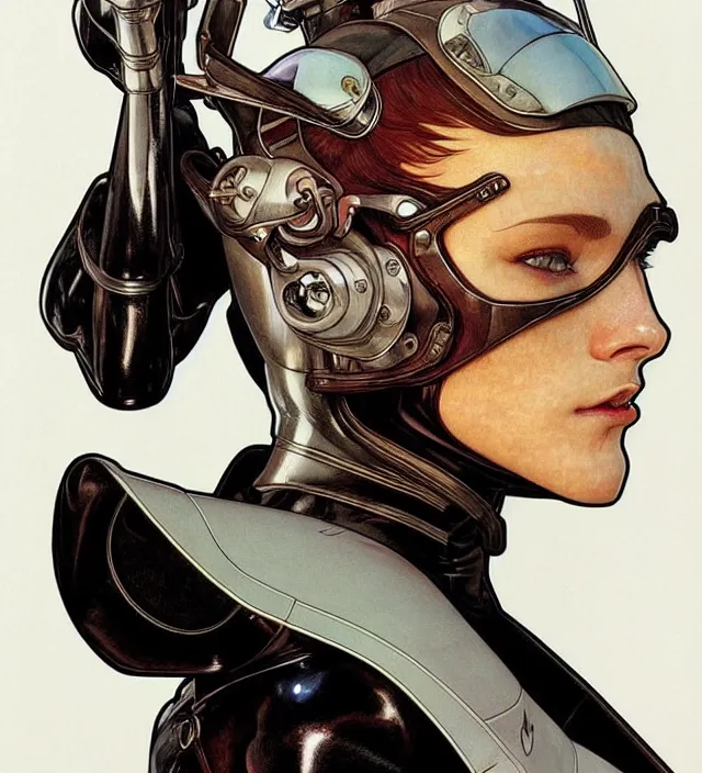 Prompt: realistic detailed face portrait of a handsome futuristic woman racing pilot in leather and armor, sleek minimal elegant design by moebius, jodorowsky, alphonse mucha, ayami kojima, amano, greg hildebrandt, and mark brooks, female, hero, sexy masculine, art nouveau, cyberpunk, neo - gothic, gothic, masterpiece artwork, character concept design,