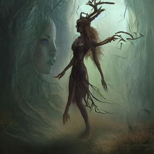 Prompt: cinematic portrait of a dryad, inspired by brian froud, inspired by dungeons and dragons, mysterious, in an evening autumn forest, trending on art station, sunset evening lighting, ominous shadows by jessica rossier