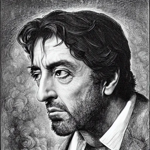 Prompt: Al Pacino, by gustave dore and william blake