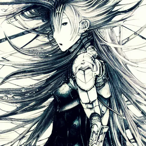 Image similar to Yoshitaka Amano blurred and dreamy illustration of an anime girl with wavy white hair and cracks on her face wearing Elden ring armour with the cape fluttering in the wind, abstract black and white patterns on the background, noisy film grain effect, highly detailed, Renaissance oil painting, weird portrait angle