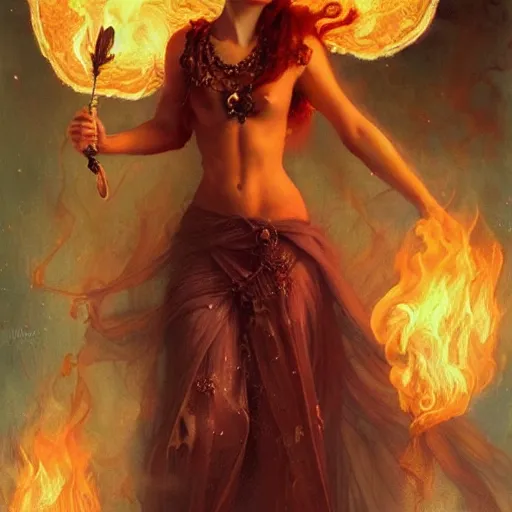 Image similar to a masterpiece full body portrait a beautiful Persephone, queen of the underworld in Hades, beautiful face, flawless skin, flames and smoke in background, by Edgar Maxence and Ross Tran and Michael Whelan