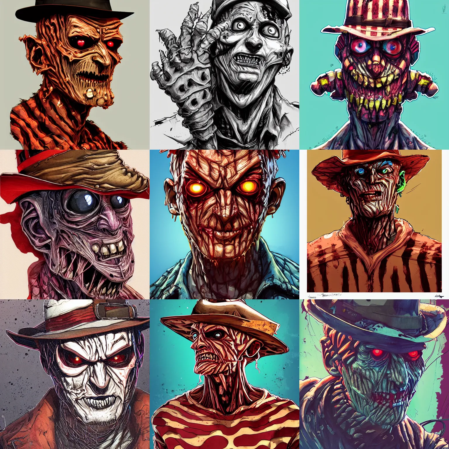 Prompt: a study of cell shaded portrait of freddy krueger as Borderlands 3 concept art, llustration, post grunge, concept art by josan gonzales and wlop, by james jean, Victo ngai, David Rubín, Mike Mignola, Laurie Greasley, highly detailed, sharp focus, alien, Trending on Artstation, HQ, deviantart, art by artgem