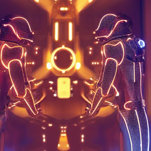 Image similar to love, diverse slow cybersuits, from behind, connection rituals, wide wide angle, vivid, elaborate, highly detailed, beautiful lighting