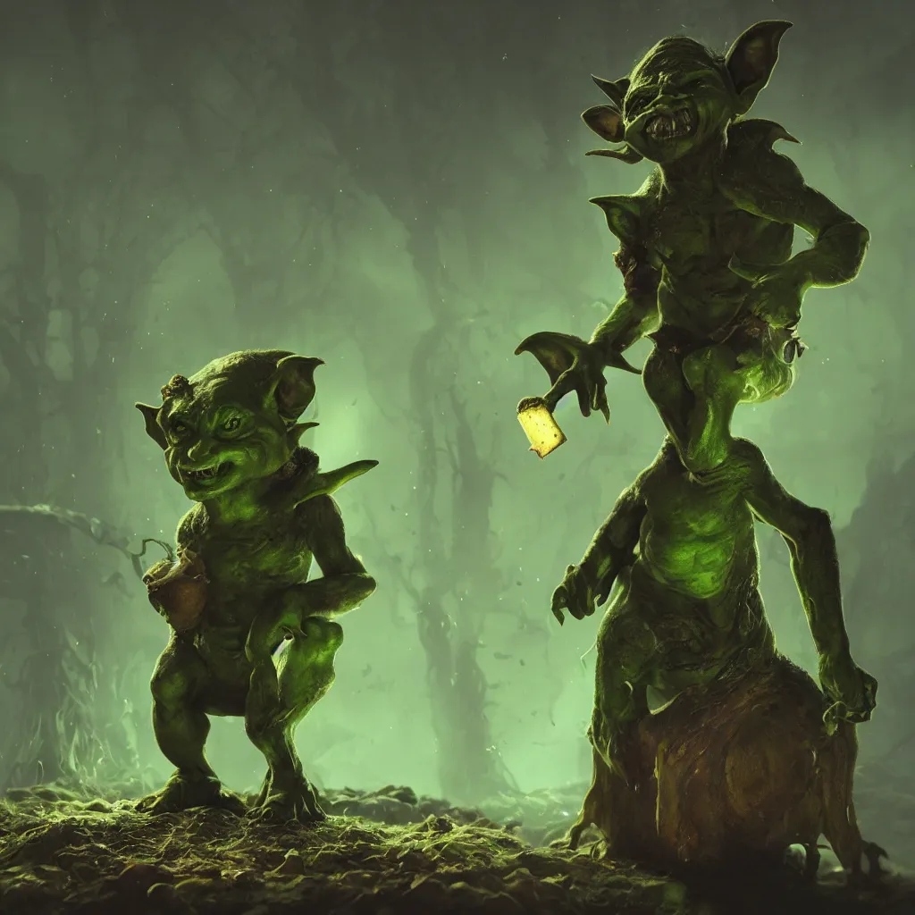 Image similar to Photorealistic fantasy goblin with cheese. Ominous green mist in the background. Magical occult photorealism, UHD, amazing depth, glowing, golden ratio, 3D octane cycle unreal engine 5, volumetric lighting, cinematic lighting, cgstation artstation concept art