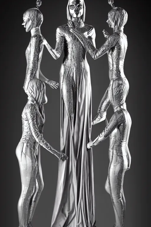 Image similar to chrome carved statue of nordic goddess symmetrical three faced in one body, metallic polished sculpture, dressed with a colorful wrapped cotton cloak, made by antonio corradini, and dug stanat macabre art, dark surrealism, epic and cinematic view, volummetric light, texturized, detailed, 8 k