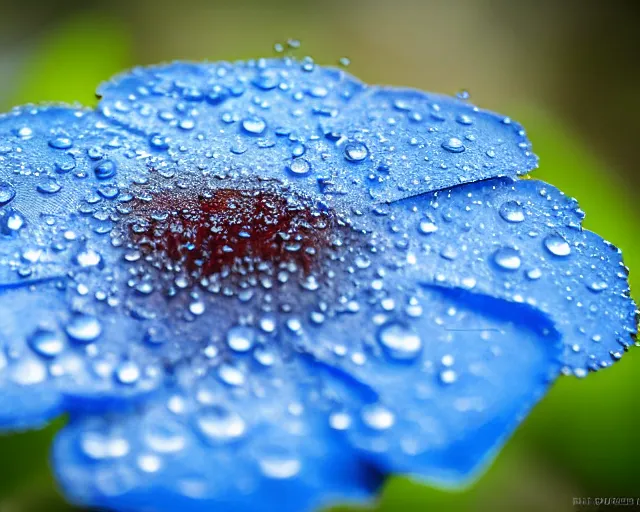 Image similar to a blue flower with water droplets on it, a macro photograph by kume keiichiro, trending on unsplash, photorealism, photo taken with ektachrome, photo taken with provia, shallow depth of field