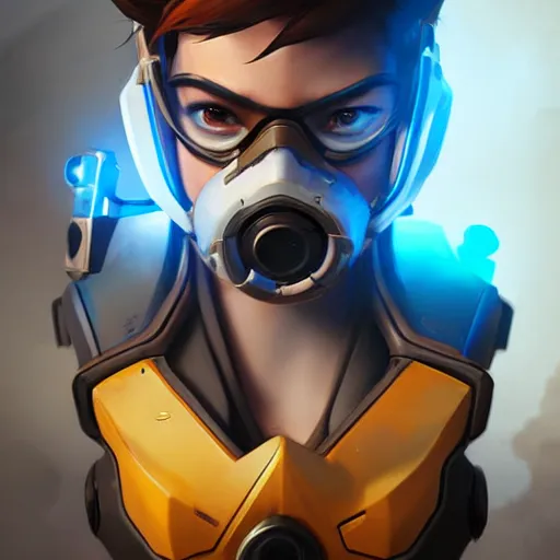 Image similar to overwatch tracer wearing a cyberkinetic mask, digital art, pretty face, very beautiful face, very detailed eyes, ultra detailed, by woop, greg rutkowski,