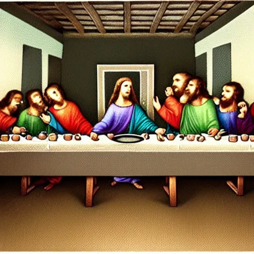 Image similar to the last supper with dinosaurs