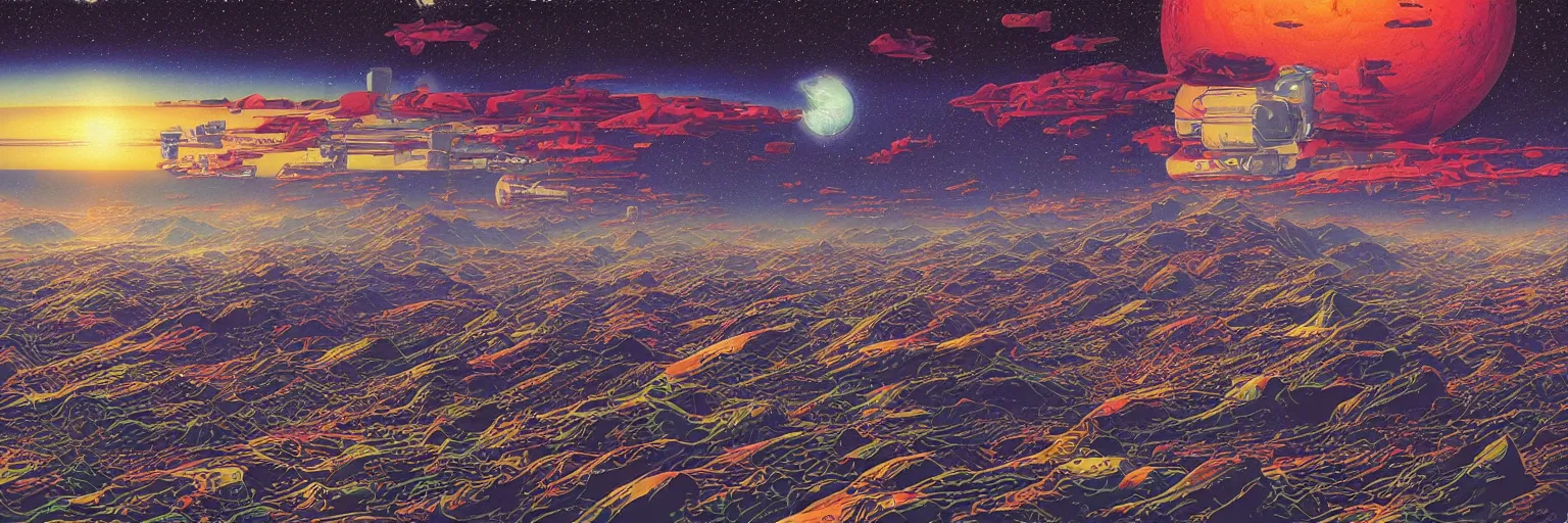 Image similar to a hyperrealistic rendering of a pop art scifi illustration panorama landscape pattern, deep color, futuristic, cyber by Peter Elson and Kawase Hasui, scifi superrealism