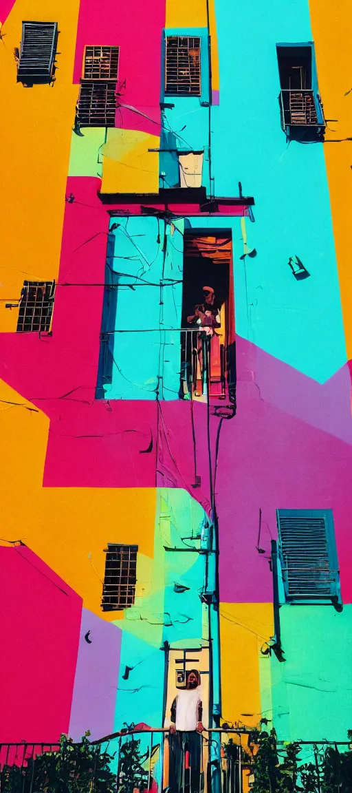 Prompt: concept art of a person standing on a balcony in front of a multicolored building, a photo by juliette leong, featured on flickr, synchromism, chromatic, vivid colors, colorful