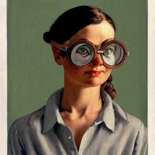 Prompt: frontal portrait of a muscular woman in a long - sleeved linen shirt, wearing vintage engineer goggles, by norman rockwell