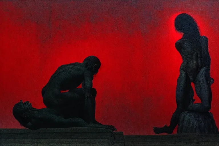 Prompt: only with red detailed white stone male statures's back, sportspalast amphitheatre, crowd hails him, in the style of beksinski, parts by edward hopper, parts by rodcenko, parts by yue minjun, intricate and epic composition, red by caravaggio, insanely quality, highly detailed, masterpiece, red light, artstation, 4 k