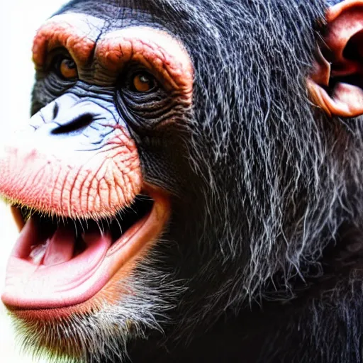 Image similar to a high detail closeup shot of a chimp wearing a suit, smoking a cigar