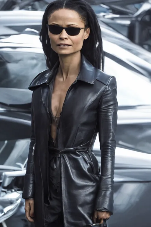 Prompt: an action photograph of the new matrix movie featuring the beautiful thandie newton, wearing sun glasses and black leather trench coat, futuristic cars in the background, extremely detailed, extremely symmetrical facial features, unreal engine, by kevin fiege 8 k