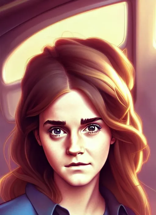 Image similar to cute bus driver emma watson, natural lighting, path traced, highly detailed, high quality, digital painting, by don bluth and ross tran and studio ghibli and alphonse mucha, artgerm