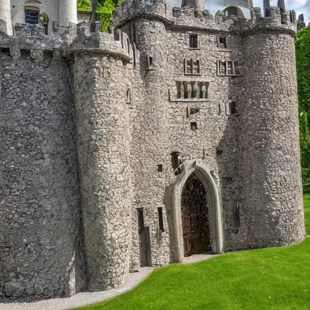 Prompt: hyper realistic photo, looking close up at a well maintained castle from the front gate courtyard on a sunny day