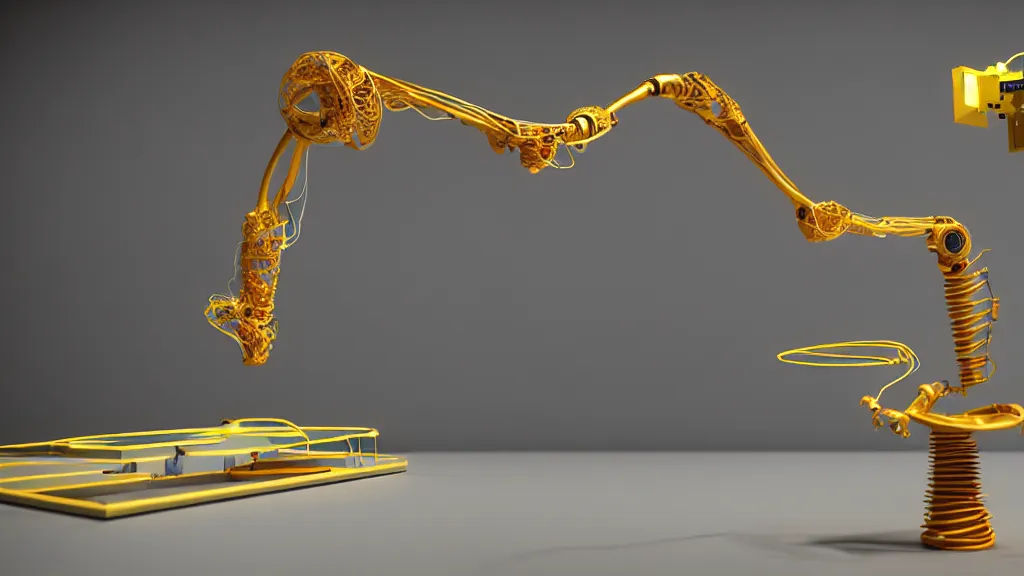 Image similar to a complex bifurcated robotic cnc surgical arm hybrid 3 d printer machine making organic ceramic kintsugi mandlebulb forms in the laboratory room, very thin gold wire, film still from the movie directed by denis villeneuve with art direction by salvador dali, wide lens, f 3 2, cinematic lighting, studio quality, smooth render, unreal engine 5 rendered, octane rendered