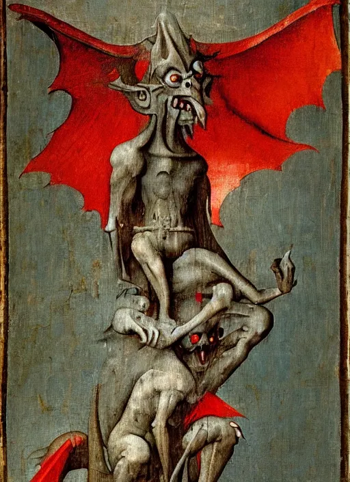 Image similar to red devil Gargoyle, Medieval painting by Hieronymus Bosch, Florence