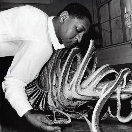 Image similar to john coltrane snuggling a giant squid