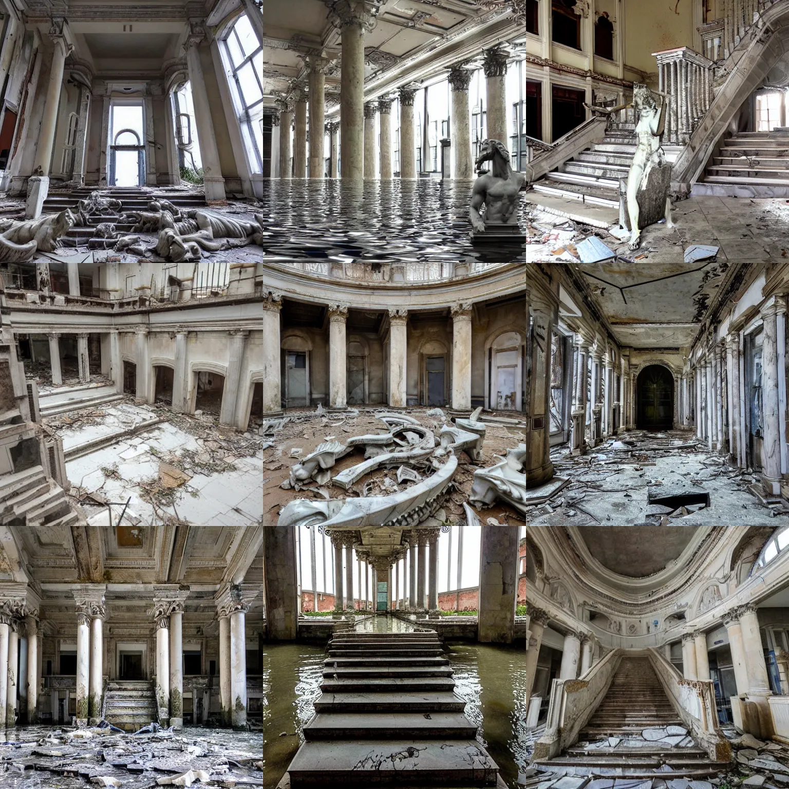 Prompt: photo of flooded infinite classic halls and statues with many huge marble staircases minotaur classic statues sculptures decrepit derelict abandoned piranessi